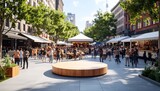 Bustling city marketplace with outdoor stage
