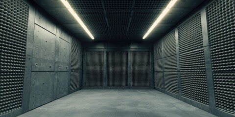 Aufkleber - An industrial noise reduction chamber featuring sleek, sound-absorbing panels. The room provides a quiet and safe testing environment for engineers.