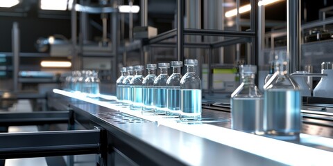 Aufkleber - An automated assembly line producing chemical products in a laboratory setting. The image shows advanced techniques and a sterile environment.