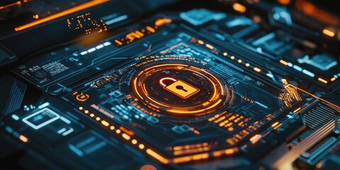 Poster - a cybersecurity dashboard with a lock icon, featuring  ecurity protocols and data protection measures.