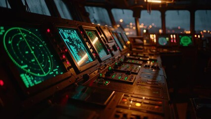 Aufkleber - Multiple monitors displaying crucial navigation data illuminate the control room of a ship, creating a captivating scene of maritime technology at work during nighttime operations