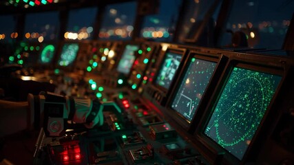 Aufkleber - Illuminated navigation and radar screens glow in a ship's control room at night, providing crucial information for safe passage through dark waters