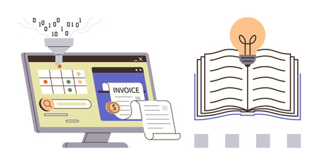 Computer displaying invoice generation and binary data with an open book featuring a glowing light bulb. Ideal for finance, education, knowledge, technology, innovation, e-learning, digital