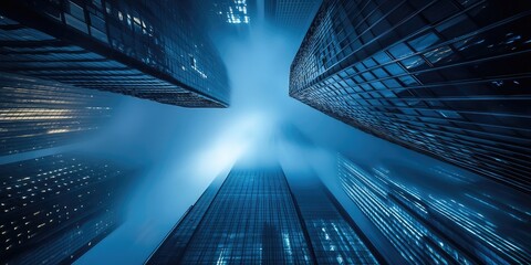 Aufkleber - a dark, futuristic urban environment, with towering skyscrapers, flickering neon lights, and a moody, dystopian vibe.