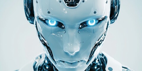 Poster - High-resolution shot of a humanoid robot face with lifelike features and glowing eyes, perfect for futuristic robotics themes.