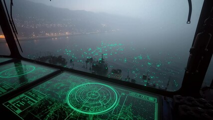 Aufkleber - Futuristic navigation system displaying marine traffic data on multiple holographic screens inside control bridge overlooking foggy bay at dusk, enhancing maritime safety and efficiency