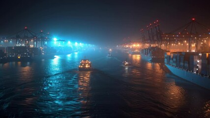 Poster - Cargo ships are navigating a bustling port at night, showcasing the intricate network of global commerce and logistics with illuminated cranes and vibrant lights reflecting on the water