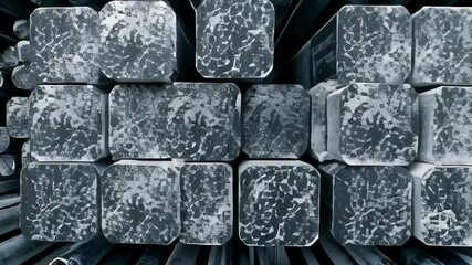 Poster - Variety of rolled metal products arranged in perfect order creating a visually appealing industrial background, showcasing the diversity and precision of metal manufacturing