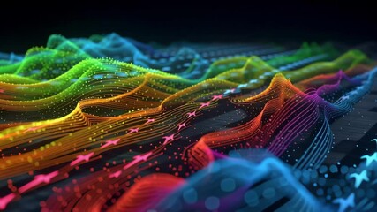 Aufkleber - Flowing abstract colorful particle waves on a dark background create a mesmerizing visual effect, embodying a futuristic and technological vibe ideal for data and music projects
