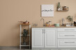 © Pixel-Shot - Interior of kitchen with counters, shelf unit and utensils