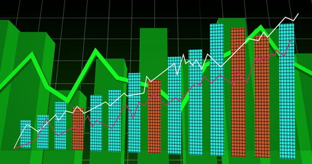 Poster - Displaying 3D blue and red bar columns on green blocks, white grid lines, colored line graphs