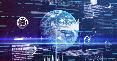 Fototapete - Showing holographic Earth globe rotating in high-tech interface, with HUD widgets and data panels