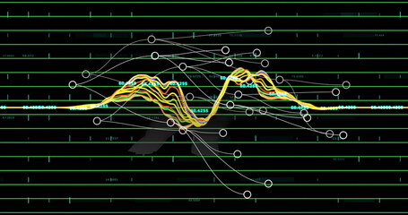Poster - Displaying multilayer waveform pulsing on dashboard, with white nodes, connectors and green grid