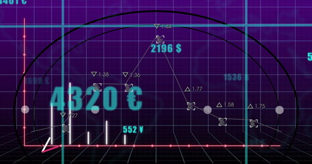 Poster - Projecting data visualization graph hovering over 3D grid plane with currency labels and markers
