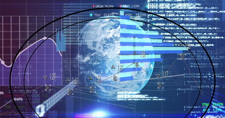 Poster - Central Earth globe rotating on dashboard, with bar charts, line graphs, code and reticles
