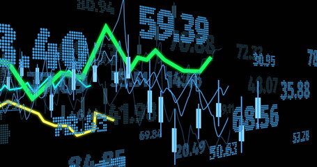 Poster - Displaying trading chart showing blue candlesticks and green lines on screen, with numeric overlays