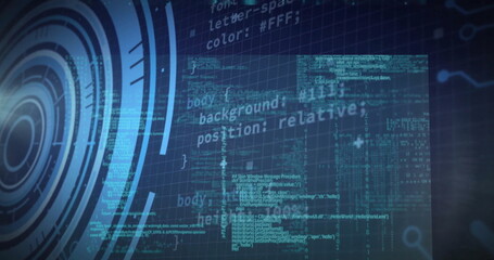 Poster - Displaying concentric circular HUD interface and scrolling code on faint grid background, console