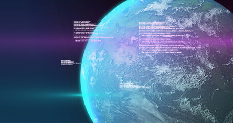 Poster - Displaying planetary globe hovering in outer space, with floating code fragments and light streaks