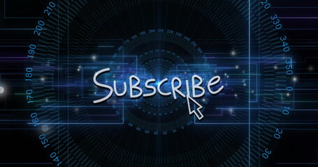 Poster - Displaying subscribe button with clicking cursor on HUD, with circular numeric grid and circuits