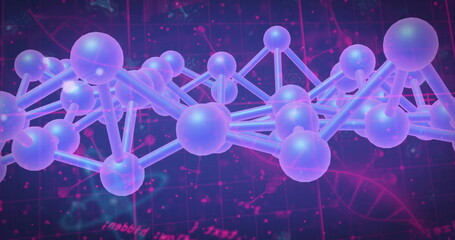 Poster - Molecule floating in lab, with spheres and rods over grid with data and DNA helix