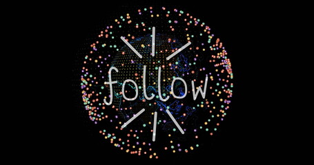 Poster - White hand-drawn follow text floating in dark digital space, with multicolor dot network