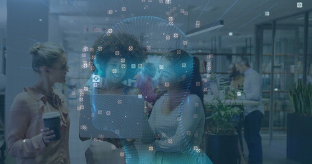 Poster - Collaborating professionals pointing at laptop discussing AI at office, with holographic projection