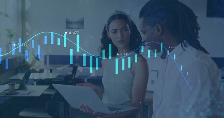 Poster - Analyzing data coworkers in business attire reviewing laptop at open-plan office, with data overlay