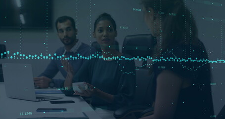 Poster - Discussing businesswoman analyzing data waves at office boardroom with laptop phone coffee mug