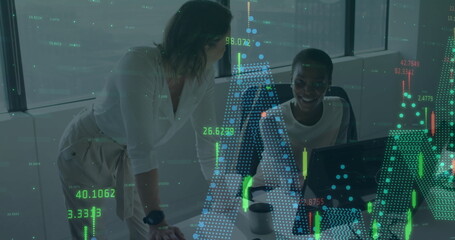 Poster - Collaborating two women wearing white tops analyzing stock charts at office desk, with monitor
