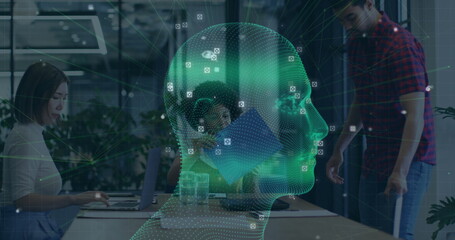 Poster - Projecting hologram head showing data nodes and camera icons above conference table, with laptops