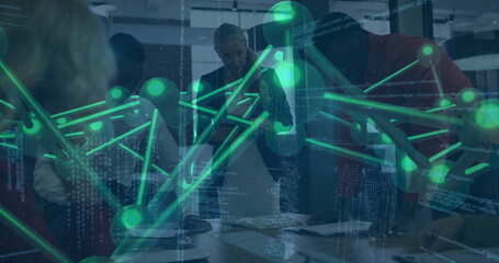 Poster - Reviewing team of four professionals analyzing paper documents at modern office, with data overlay