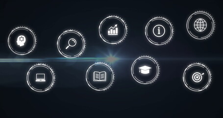 Poster - Displaying nine white circular icons on dark digital interface, with innovation and analytics