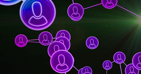 Poster - Connecting neon purple user profile icons with lines in dark digital space, with green streaks