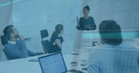 Poster - Presenting African American woman gesturing at whiteboard in meeting room, laptops and data overlay