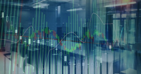 Poster - Displaying financial chart overlay in office: desks, candlesticks, histogram, trend line, labels