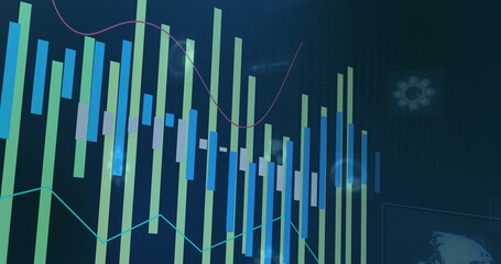 Poster - Displaying vertical bar and line charts on data screen, featuring binary code, gear and globe icons