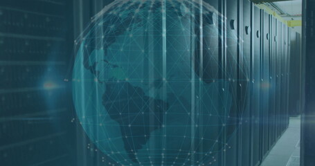 Poster - Displaying data center server racks lining corridor under cable trays, with wireframe globe overlay