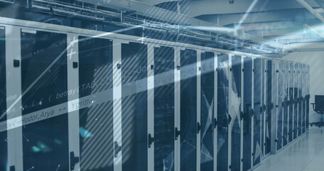 Poster - Running server cabinets cooling servers in bright data center aisle, with cable trays