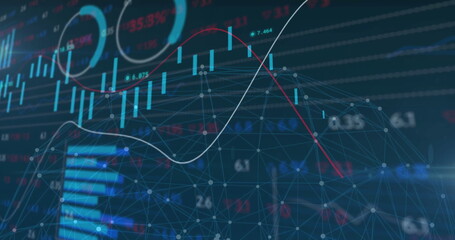 Poster - Displaying wireframe mesh showing flow on trading dashboard, with candlestick bars and line graphs