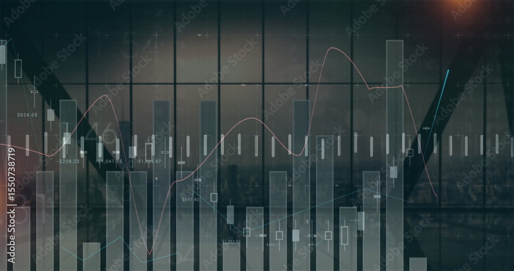 Showing chart overlaying office window at dusk, bar graphs ...