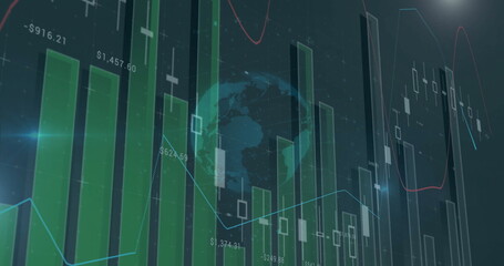 Poster - Displaying data on screen with green bars, candlesticks, trend lines, globe map and currency labels
