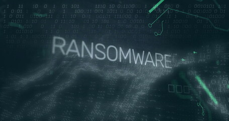 Poster - Streaming binary code filling dark teal landscape, glowing RANSOMWARE text floating among circuits