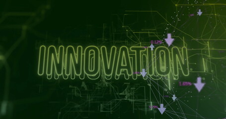 Poster - Featuring neon green INNOVATION glowing in data interface, with purple arrows and percentage labels
