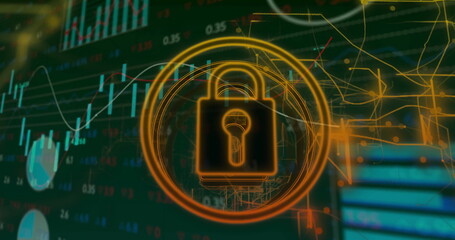 Poster - Glowing padlock icon rotating within concentric rings on trading screen with candlestick charts