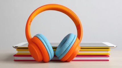 Poster - Vibrant Orange and Blue Headphones Resting on Colorful Notebooks and a Digital Tablet Representing Modern Study and Creative Inspiration