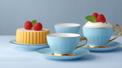 Poster - Elegant Blue Tea Cups with Golden Trim Surrounded by Delicious Desserts, including Raspberry Tarts and Creamy Treats on a Soft Blue Background