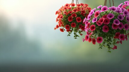 Poster - Vibrant Hanging Baskets of Red and Pink Petunias with a Soft Focus Background Creating a Serene and Lush Garden Atmosphere in Early Morning Light