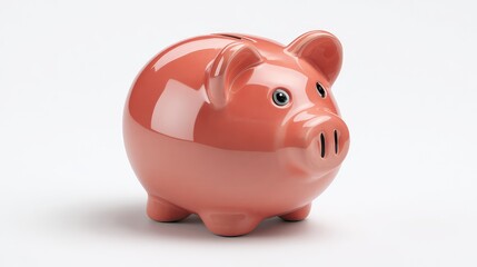 Poster - Cute ceramic piggy bank in a vibrant coral color with glossy finish, perfect for saving money or as a decorative piece in a modern home setting
