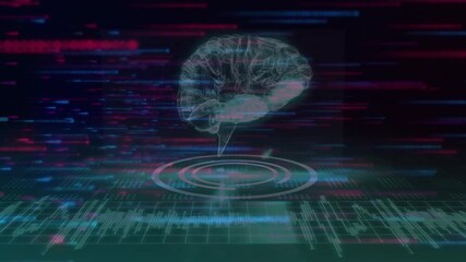 Poster - Glitch bars sweeping and brain hologram flickering while rotating on glowing base visualizing data