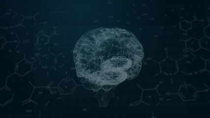 Poster - Drifting light particles condensing into rotating holographic brain model showcasing molecular grid